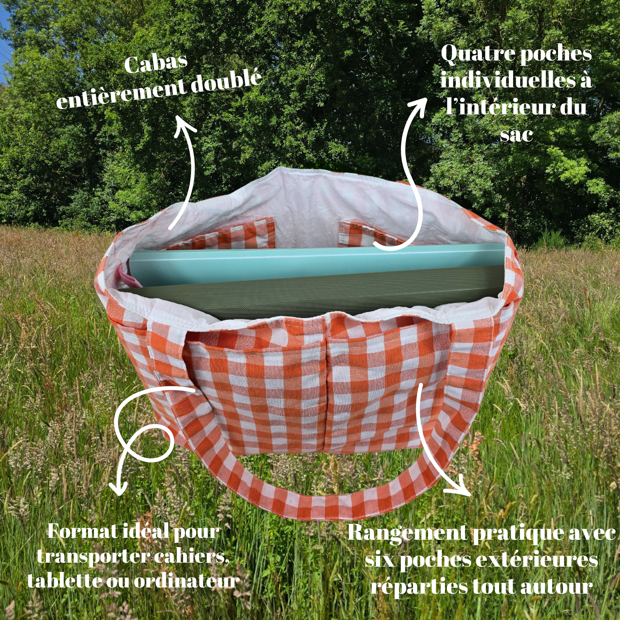 Cabas vichy orange et blanc Nijichou Bretagne