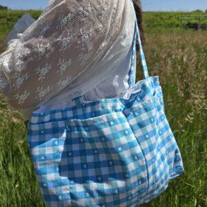 Cabas vichy bleu et blanc imprimé cœur Nijichou Bretagne