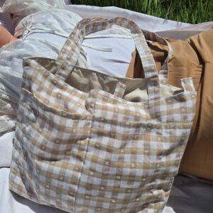 Cabas vichy beige et blanc imprimé cœur Nijichou Bretagne