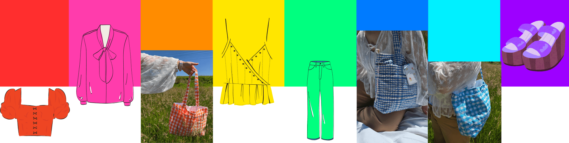 Sacs à carreaux orange et bleu vif portés avec des tenues colorées. Association de vêtements flashs et sacs faits main pour un look énergique et joyeux. look-vitaminé-sac-orange-et-bleu-vichy-nijichou