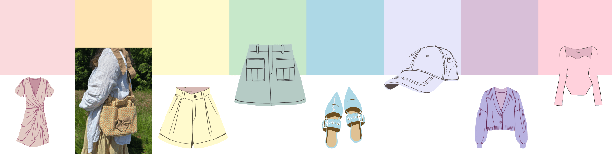 Cabas aux teintes douces porté avec des vêtements pastel. Idée de tenues estivales avec sacs artisanaux inspirés du style rétro romantique. inspiration-sac-pastel-nijichou-style-printemps-ete