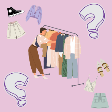 Femme choisissant des vêtements assortis sur un portant, entourée d’éléments de mode comme des chaussures, vestes et jupes. Illustration du dilemme pour bien choisir la couleur de son sac à main.